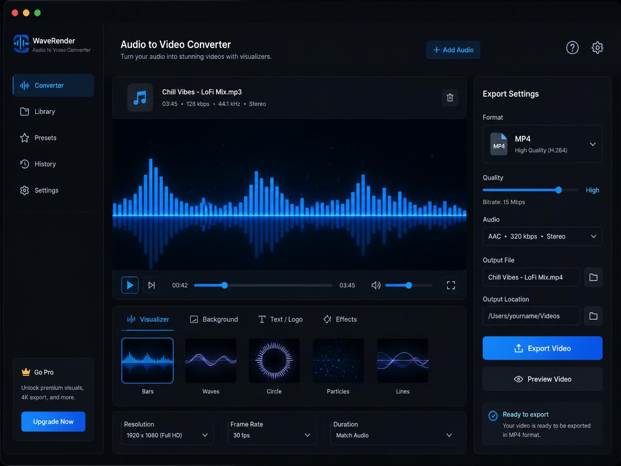Audio to video converter interface showing waveform visualizer and MP4 export settings