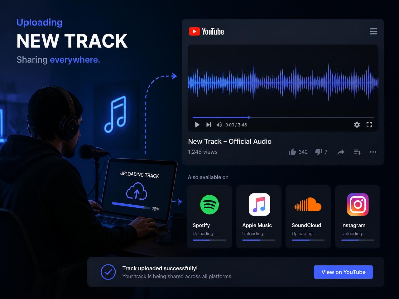 Converted MP4 audio track being uploaded to YouTube and social platforms