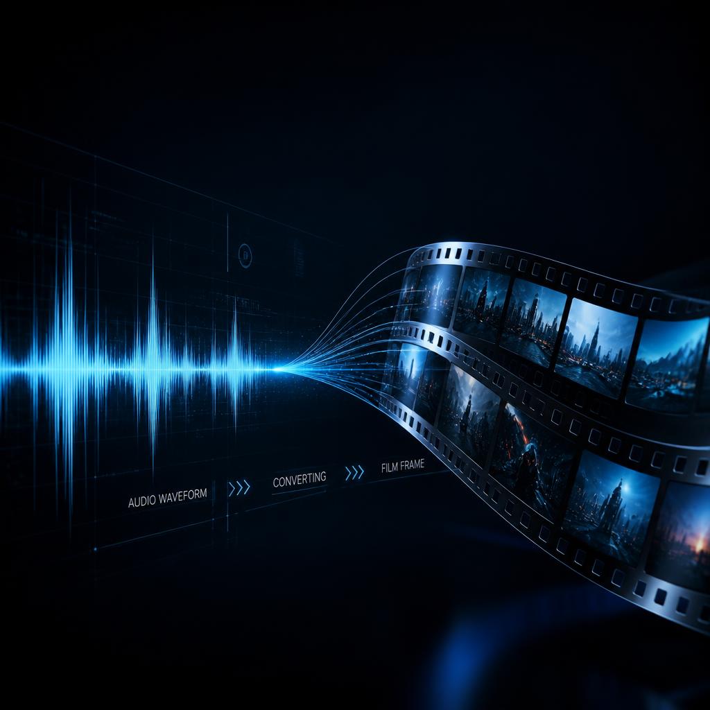 Audio waveform converting into an MP4 film strip, illustrating MP3 to MP4 conversion